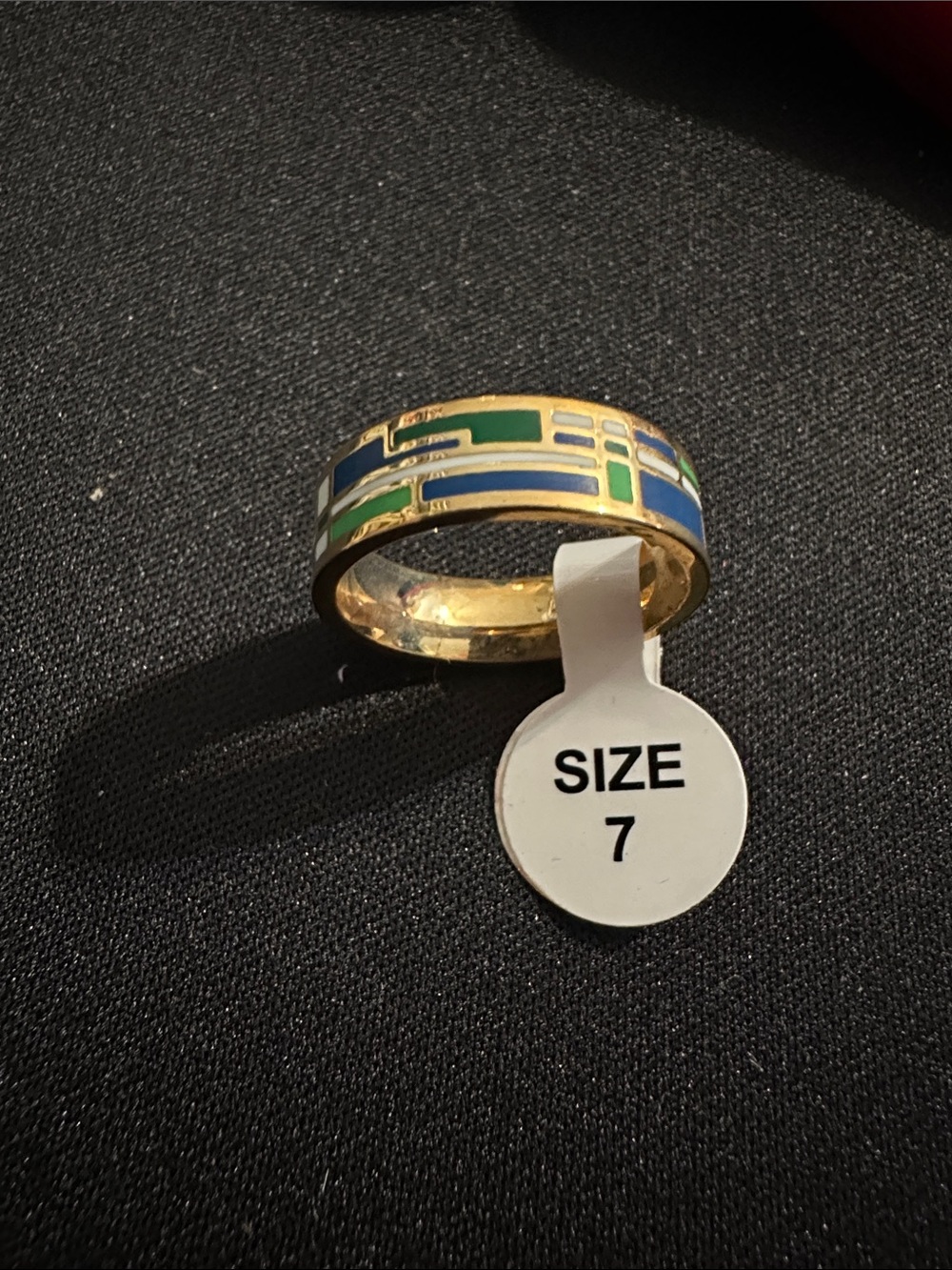 Gold Tone Inlay Geometric Band Ring in Blue and Green - Size 7
#6